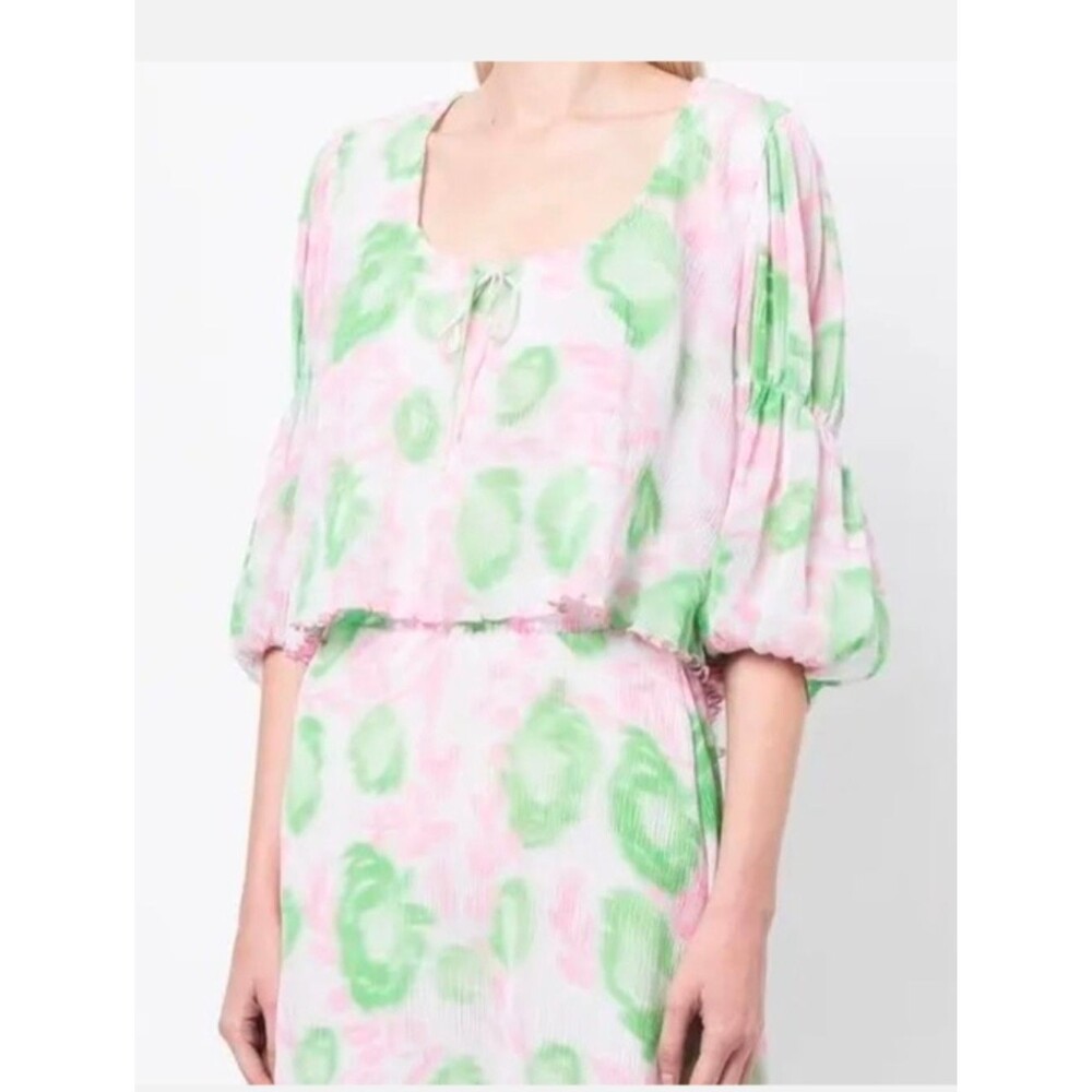 GANNI Floral-Print Pleated Georgette Blouse